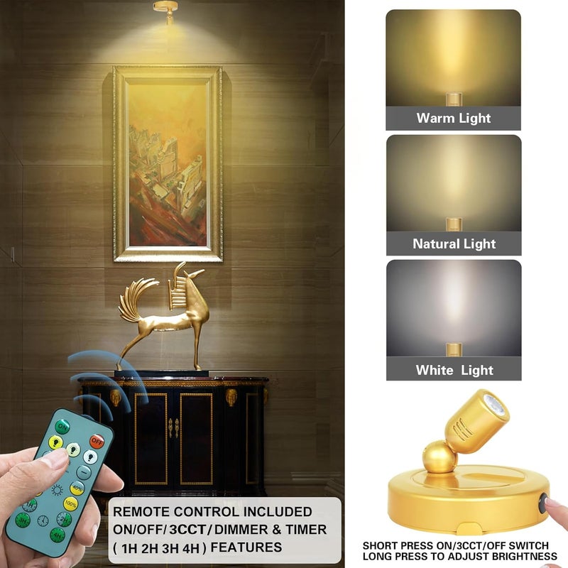 HAMVIDNE Rechargeable Indoor Spotlight, 3 Lighting Modes Battery Operated Spotlights with Remote, Picture Lights for Wall, Plant Tree Spotlight with Timer, Up Lights for Art Display Artwork-Gold - Image 2